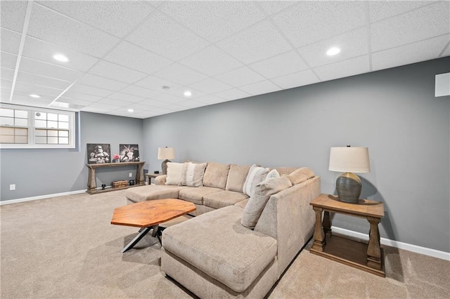 living area featuring recessed lighting, carpet, and baseboards