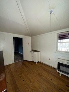 additional living space featuring dark wood-type flooring, lofted ceiling, a fireplace, and heating unit