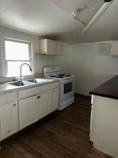 kitchen with white electric stove, white cabinetry, sink, and dark hardwood / wood-style floors