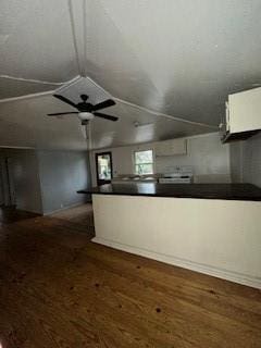 kitchen featuring white cabinetry, vaulted ceiling, dark hardwood / wood-style floors, and ceiling fan