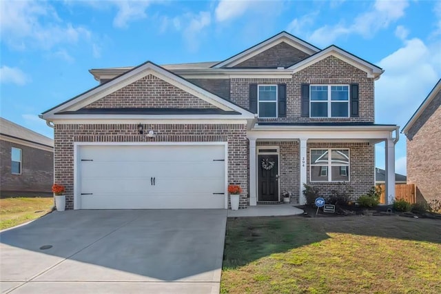 view of front facade featuring a garage, a porch, a front lawn, brick siding, and concrete driveway