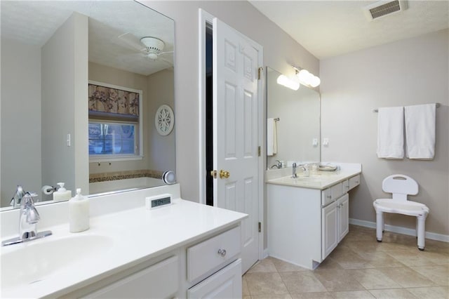 full bath featuring tile patterned floors, visible vents, a ceiling fan, baseboards, and vanity