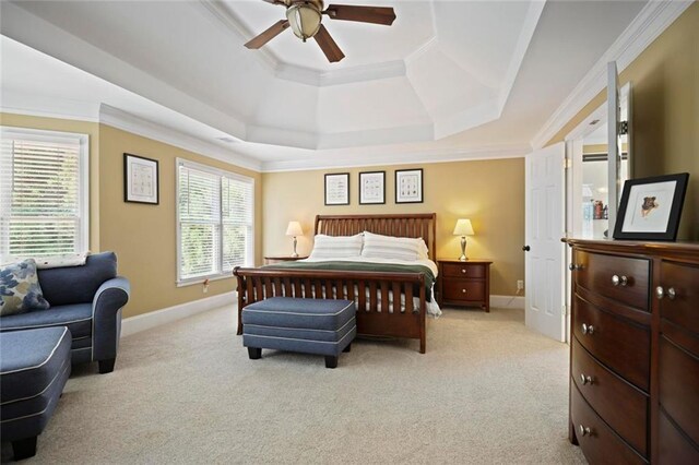6317 Benbrooke Overlook NW, Acworth, GA 30101 - bedroom featuring carpet floors, a tray ceiling, a ceiling fan, and crown molding