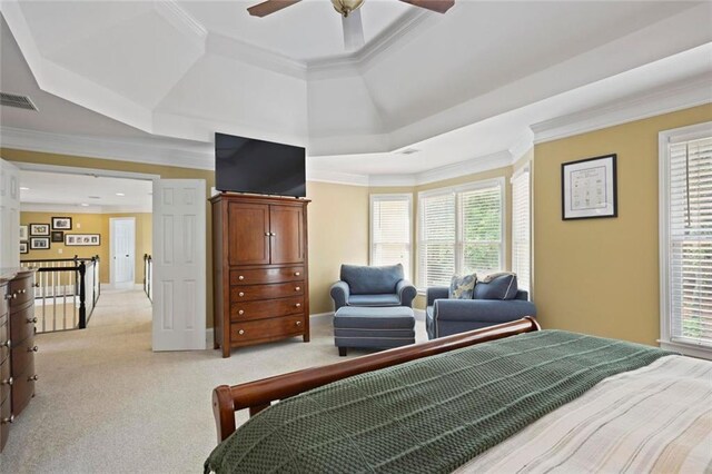 6317 Benbrooke Overlook NW, Acworth, GA 30101 - bedroom with light colored carpet, multiple windows, ornamental molding, and a raised ceiling