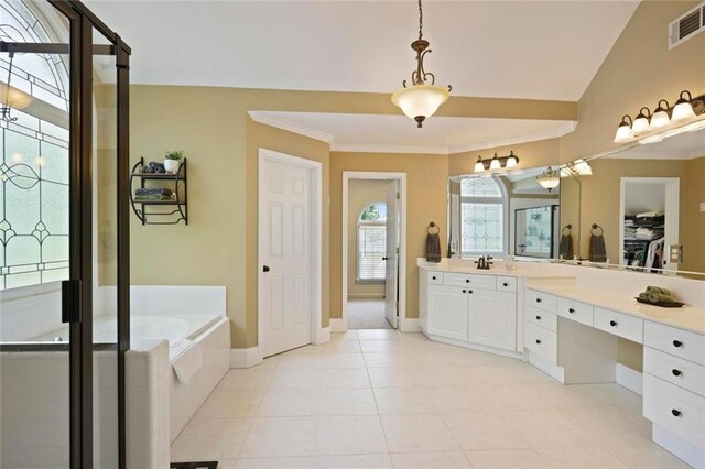 6317 Benbrooke Overlook NW, Acworth, GA 30101 - full bathroom with a bath, vanity, crown molding, tile patterned flooring, and a stall shower