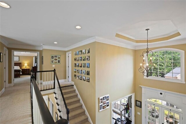6317 Benbrooke Overlook NW, Acworth, GA 30101 - entryway with a chandelier, ornamental molding, light colored carpet, and recessed lighting
