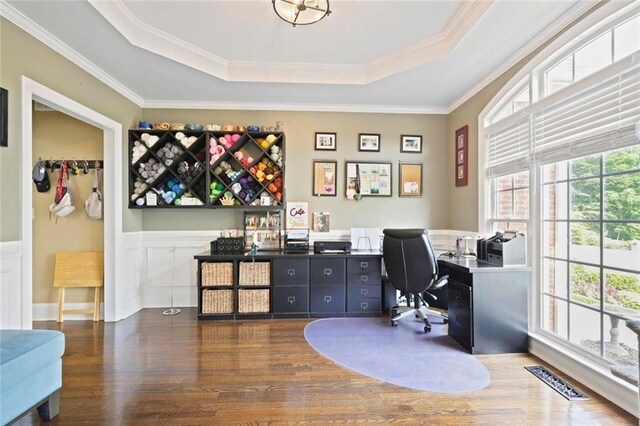 6317 Benbrooke Overlook NW, Acworth, GA 30101 - office area with wood finished floors, a tray ceiling, crown molding, and wainscoting