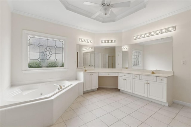 bathroom featuring crown molding, tile patterned flooring, vanity, a jetted tub, and a ceiling fan