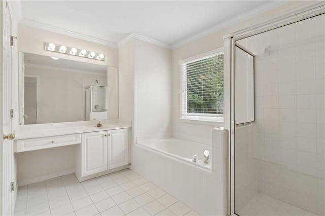 bathroom featuring a garden tub, a stall shower, vanity, tile patterned floors, and ornamental molding