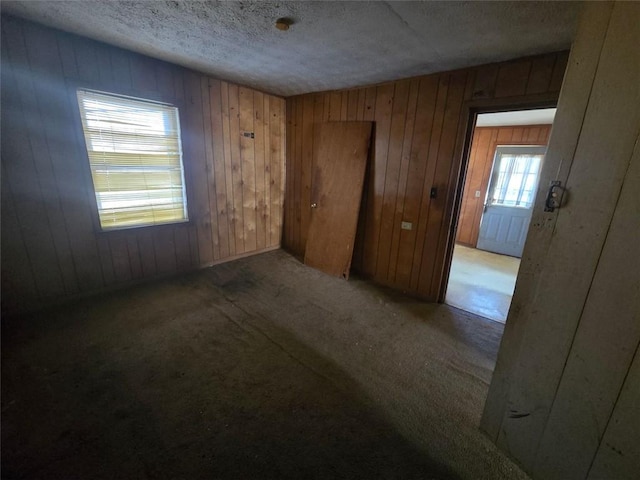 unfurnished room featuring light carpet, plenty of natural light, a textured ceiling, and wooden walls