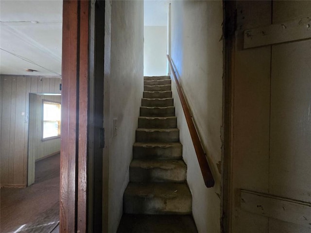 stairs featuring wooden walls