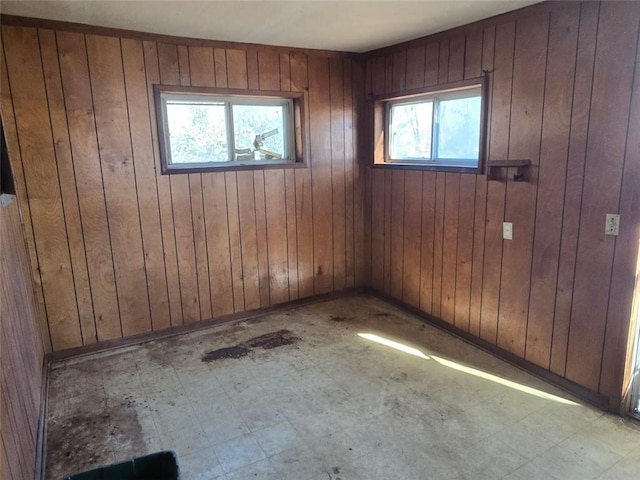 empty room with a healthy amount of sunlight and wooden walls