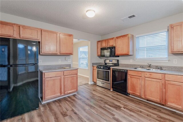 kitchen featuring a healthy amount of sunlight, sink, black appliances, and light wood-type flooring