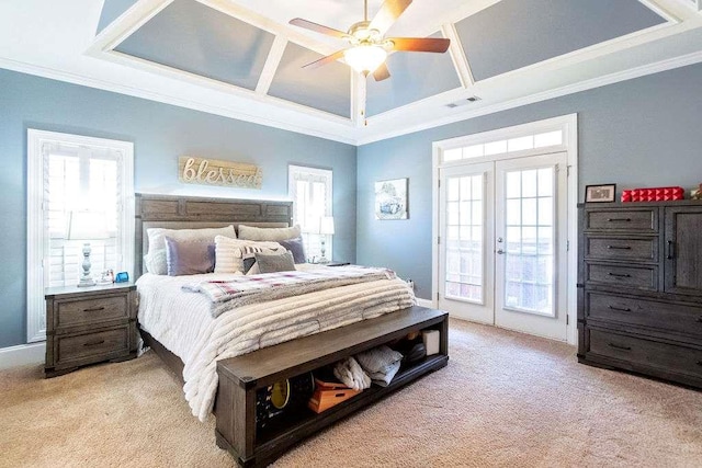 109 Lighthorse Blvd, Mcdonough, GA 30252 - bedroom featuring light carpet, access to outside, coffered ceiling, crown molding, and french doors