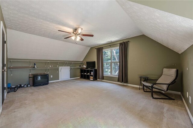 additional living space with a textured ceiling, vaulted ceiling, light carpet, and baseboards