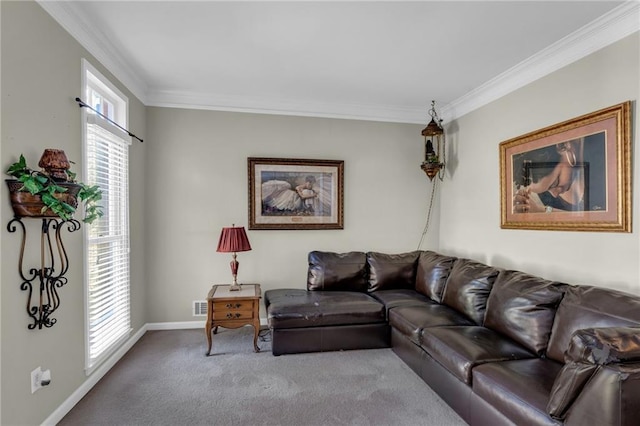 carpeted living room featuring ornamental molding