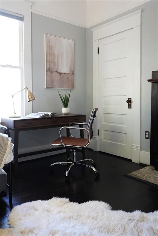 home office featuring dark wood-type flooring