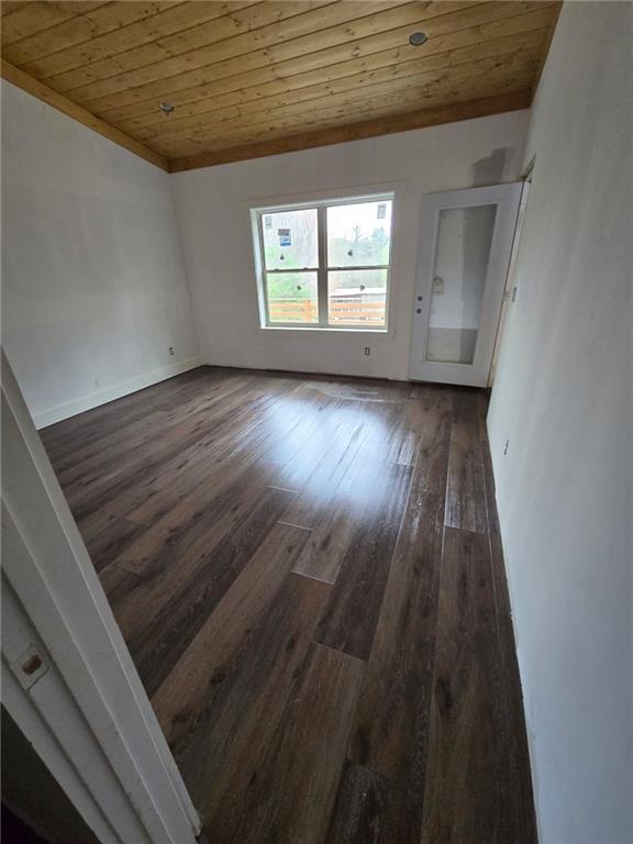 300 Mountain Ridge Dr, Dahlonega, GA 30533 - spare room with baseboards, dark wood-type flooring, vaulted ceiling, and wooden ceiling