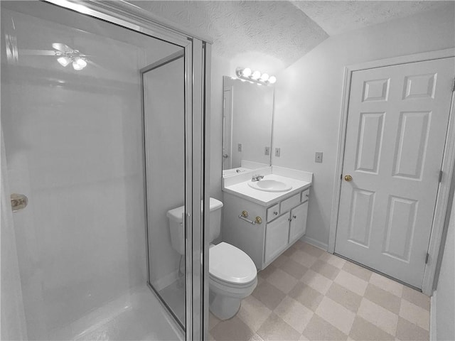 bathroom with vanity, a textured ceiling, lofted ceiling, toilet, and a shower with shower door