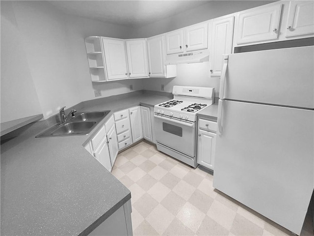 4279 Orchard Grv, Stone Mountain, GA 30083 - kitchen with white appliances, a sink, light flooring, under cabinet range hood, and white cabinetry