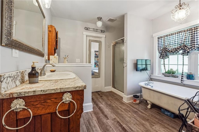 bathroom with hardwood / wood-style floors, vanity, and shower with separate bathtub