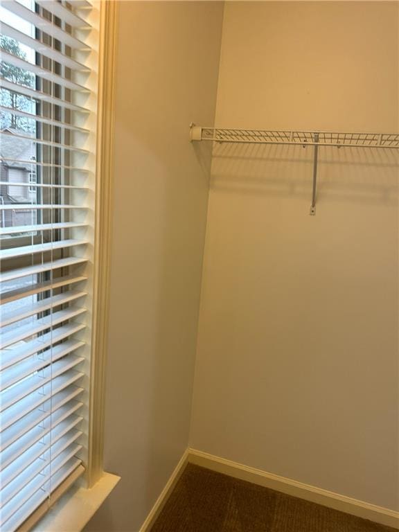 spacious closet featuring dark carpet