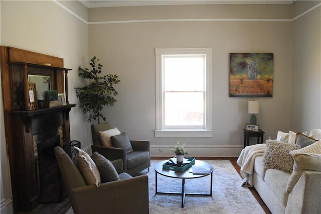 living room with baseboards, a fireplace, and wood finished floors