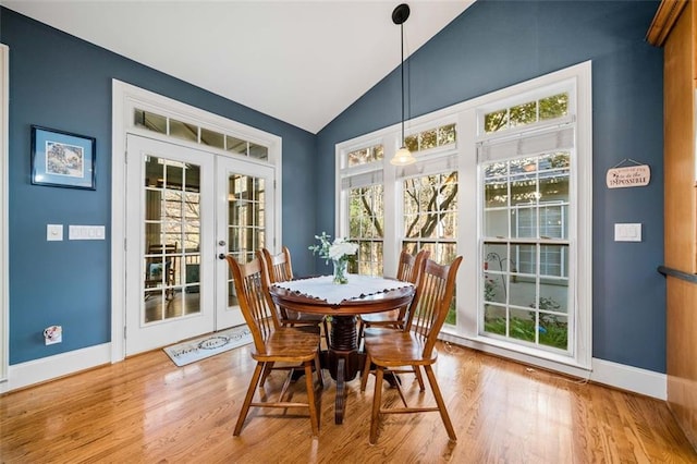 dining room featuring hardwood / wood-style floors, a healthy amount of sunlight, and french doors