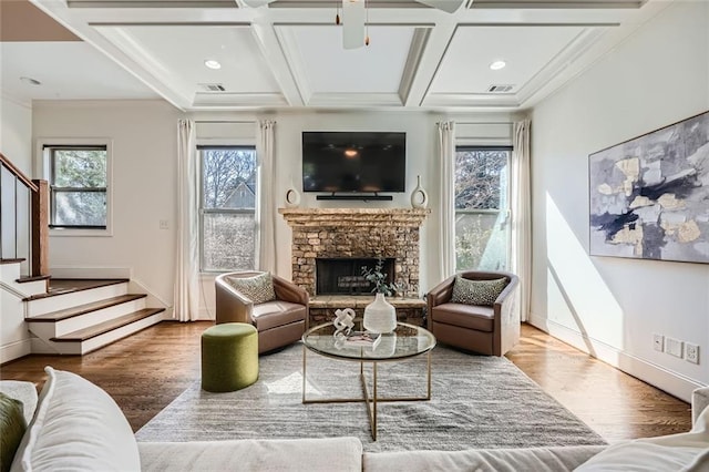 2987 Jefferson St, Atlanta, GA 30341 - living area featuring stairs, wood finished floors, coffered ceiling, a fireplace, and baseboards