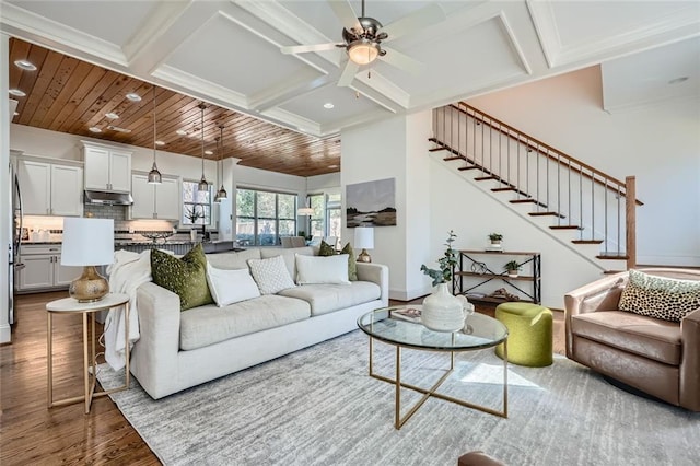 2987 Jefferson St, Atlanta, GA 30341 - living area with wood finished floors, stairway, ceiling fan, coffered ceiling, and baseboards