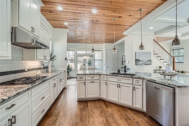 2987 Jefferson St, Atlanta, GA 30341 - kitchen with appliances with stainless steel finishes, a sink, wood ceiling, dark wood finished floors, and hanging light fixtures