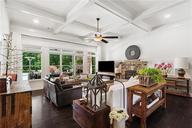 119 Sharp Mountain Crk, Ball Ground, GA 30107 - living area with dark wood-style flooring, a ceiling fan, beam ceiling, a fireplace, and coffered ceiling