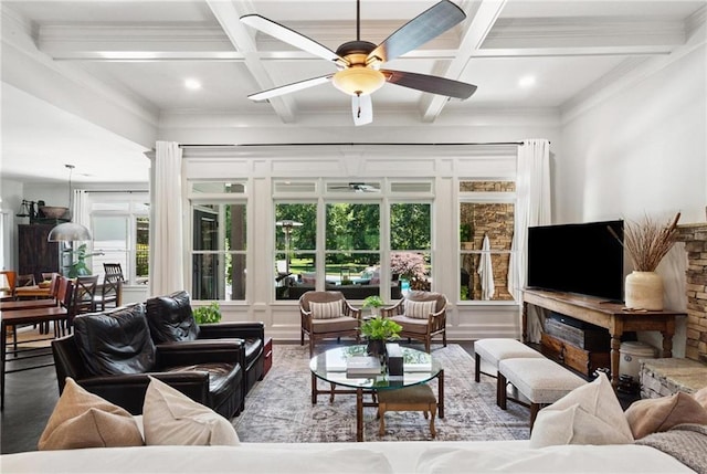 119 Sharp Mountain Crk, Ball Ground, GA 30107 - living room featuring coffered ceiling, healthy amount of natural light, ceiling fan, crown molding, and beam ceiling
