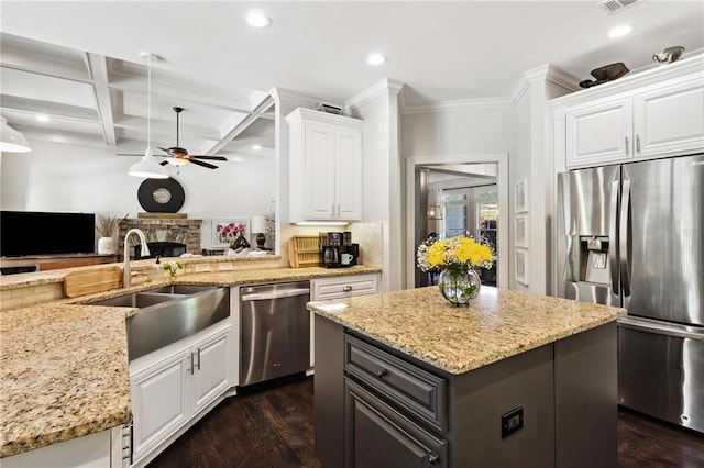 119 Sharp Mountain Crk, Ball Ground, GA 30107 - kitchen featuring appliances with stainless steel finishes, ceiling fan, dark wood-type flooring, a fireplace, and light stone counters