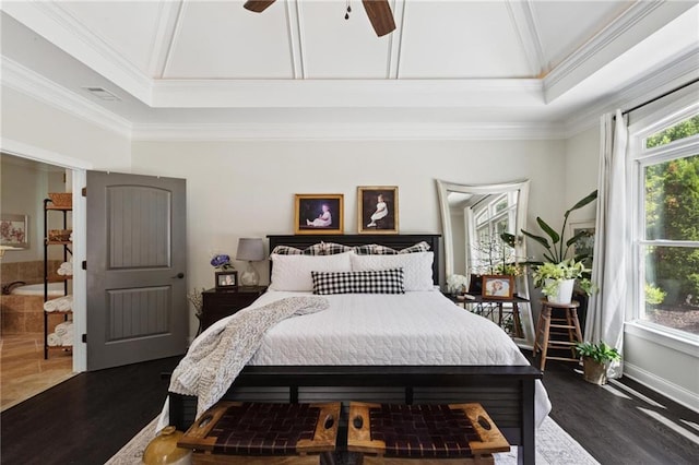 119 Sharp Mountain Crk, Ball Ground, GA 30107 - bedroom featuring multiple windows, dark wood-style flooring, crown molding, and a ceiling fan