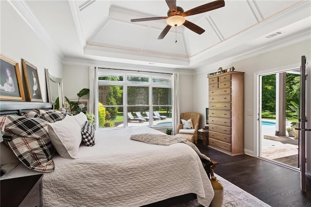 119 Sharp Mountain Crk, Ball Ground, GA 30107 - bedroom featuring access to outside, multiple windows, crown molding, wood finished floors, and a ceiling fan