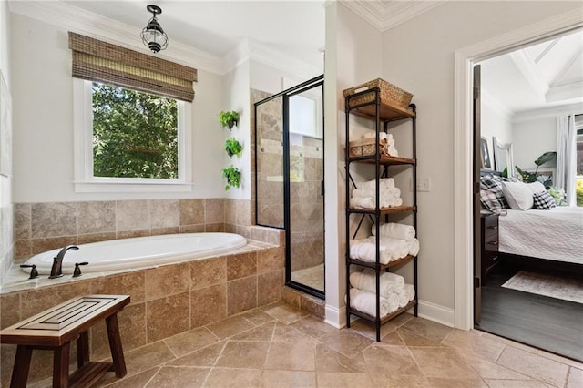 119 Sharp Mountain Crk, Ball Ground, GA 30107 - full bath featuring a garden tub, a stall shower, connected bathroom, and crown molding