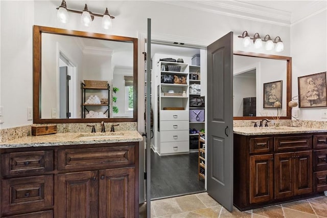 119 Sharp Mountain Crk, Ball Ground, GA 30107 - full bathroom with crown molding, vanity, a walk in closet, and stone finish flooring
