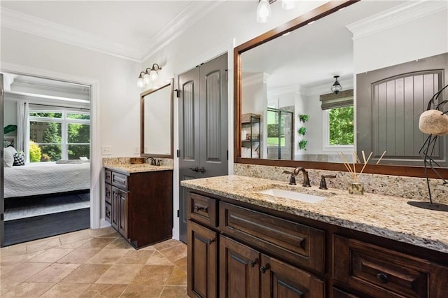 119 Sharp Mountain Crk, Ball Ground, GA 30107 - full bathroom with two vanities, ensuite bathroom, crown molding, and a shower with door