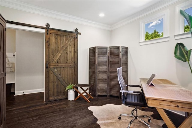 119 Sharp Mountain Crk, Ball Ground, GA 30107 - office space featuring wood finished floors, a barn door, crown molding, and recessed lighting