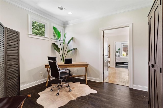 119 Sharp Mountain Crk, Ball Ground, GA 30107 - home office featuring ornamental molding, dark wood-type flooring, and recessed lighting