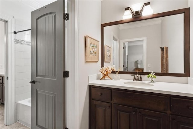 119 Sharp Mountain Crk, Ball Ground, GA 30107 - bathroom with vanity, ornamental molding, and shower / tub combination