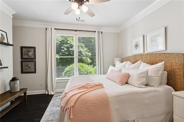 119 Sharp Mountain Crk, Ball Ground, GA 30107 - bedroom featuring dark wood-style floors, ornamental molding, and a ceiling fan