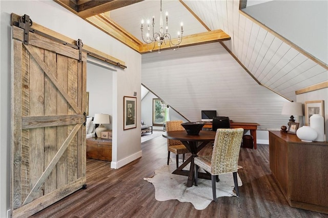 119 Sharp Mountain Crk, Ball Ground, GA 30107 - dining area featuring a barn door, wood finished floors, and a chandelier