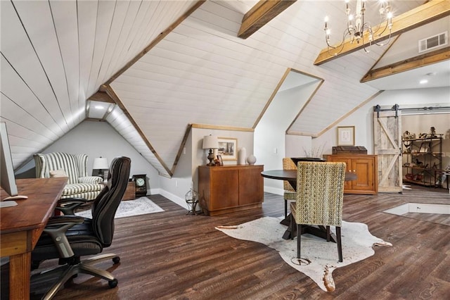 119 Sharp Mountain Crk, Ball Ground, GA 30107 - home office with lofted ceiling, wood finished floors, a barn door, and a chandelier