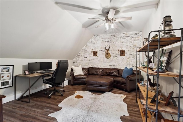 119 Sharp Mountain Crk, Ball Ground, GA 30107 - home office with wood finished floors, a ceiling fan, and vaulted ceiling