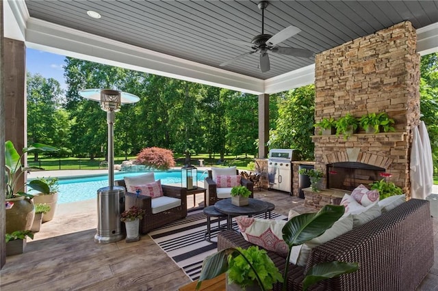 119 Sharp Mountain Crk, Ball Ground, GA 30107 - view of patio / terrace featuring an outdoor living space with a fireplace, an outdoor pool, a ceiling fan, and grilling area