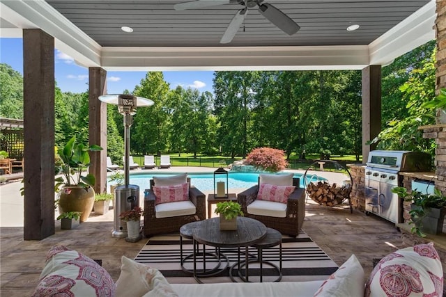 119 Sharp Mountain Crk, Ball Ground, GA 30107 - view of patio / terrace featuring ceiling fan, an outdoor hangout area, area for grilling, an outdoor pool, and view of wooded area