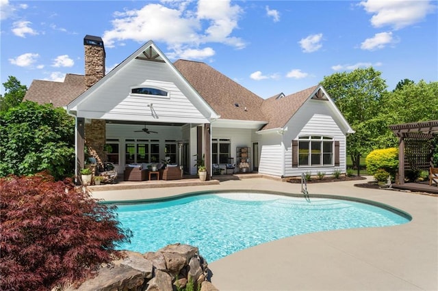 119 Sharp Mountain Crk, Ball Ground, GA 30107 - swimming pool featuring outdoor lounge area, ceiling fan, a patio, and a pergola