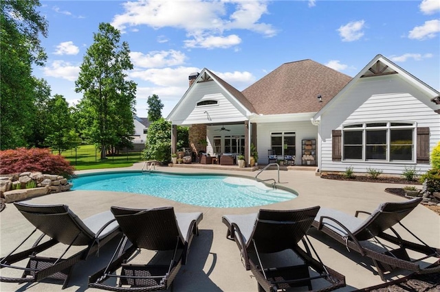 119 Sharp Mountain Crk, Ball Ground, GA 30107 - outdoor pool featuring a patio area, ceiling fan, and an outdoor hangout area